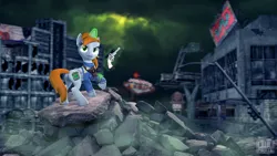 Size: 3840x2160 | Tagged: safe, artist:owlpirate, derpibooru import, oc, oc:littlepip, unofficial characters only, pony, unicorn, fallout equestria, fanfic, 3d, badass, clothes, cloud, cloudy, determined, fanfic art, female, glowing horn, gun, handgun, hooves, horn, levitation, little macintosh, looking at something, looking at you, magic, magic aura, mare, optical sight, pipbuck, raised hoof, revolver, ruins, scope, smiling, solo, source filmmaker, telekinesis, vault suit, wasteland, weapon