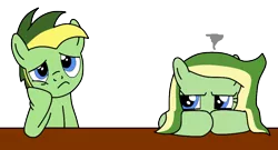 Size: 964x519 | Tagged: safe, artist:didgereethebrony, derpibooru import, oc, oc:boomerang beauty, oc:didgeree, unofficial characters only, pegasus, pony, base used, blue eyes, bored, brother and sister, female, glare, grumpy, male, siblings, simple background, table, trace, transparent background