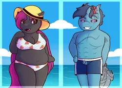 Size: 3494x2524 | Tagged: anthro, artist:candy.bytes, artist:l0vebuggs, beach, bikini, blue changeling, breasts, changedling, changedling oc, changeling, changeling oc, changeling queen, changeling queen oc, chubby, clothes, cute, derpibooru import, female, hat, husband and wife, male, muffin top, muscles, muscular male, oc, oc:arista, oc:gyne, oc x oc, purple changeling, scar, shipping, suggestive, summer, sun hat, sweat, swimming trunks, swimsuit, thighs, unofficial characters only