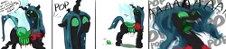 Size: 3935x859 | Tagged: artist:testostepone, changeling, changeling queen, chrysalis can't hold her eggs, clothes, comic, derpibooru import, dialogue, egg, fangs, female, freaking out, human to changeling, implied transformation, laying an egg, oc, oc:acesential, onomatopoeia, oviposition, polo shirt, post-transformation, quadrupedal, queen chrysalis, safe, simple background, torn clothes, white background