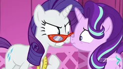 Size: 711x400 | Tagged: a-dressing memories, boop, carousel boutique, derpibooru import, glasses, measuring tape, noseboop, rarity, rarity's glasses, safe, screencap, spoiler:a-dressing memories, spoiler:mlp friendship is forever, starlight glimmer