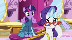 Size: 711x400 | Tagged: safe, derpibooru import, screencap, rarity, twilight sparkle, twilight sparkle (alicorn), alicorn, unicorn, a-dressing memories, spoiler:a-dressing memories, spoiler:mlp friendship is forever, clothes, crying, dress, female, glasses, glowing horn, handkerchief, horn, magic, mare, measuring tape, mirror, rarity's glasses, teary eyes, telekinesis