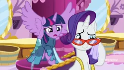 Size: 711x400 | Tagged: 9now, a-dressing memories, alicorn, clothes, crying, derpibooru import, dress, glasses, measuring tape, rarity, rarity's glasses, safe, screencap, spoiler:a-dressing memories, spoiler:mlp friendship is forever, spread wings, tears of joy, teary eyes, twilight sparkle, twilight sparkle (alicorn), wings