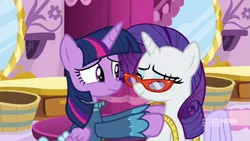 Size: 711x400 | Tagged: a-dressing memories, alicorn, clothes, derpibooru import, dress, glasses, measuring tape, rarity, rarity's glasses, safe, screencap, spoiler:a-dressing memories, spoiler:mlp friendship is forever, twilight sparkle, twilight sparkle (alicorn)