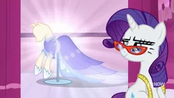 Size: 711x400 | Tagged: safe, derpibooru import, screencap, rarity, unicorn, a-dressing memories, the last problem, spoiler:a-dressing memories, spoiler:mlp friendship is forever, clothes, coronation dress, dress, female, mare, rarity's glasses, second coronation dress