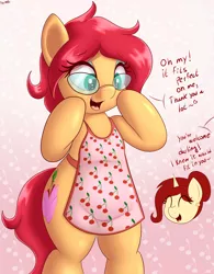 Size: 2732x3500 | Tagged: safe, artist:an-tonio, derpibooru import, oc, oc:golden brooch, oc:vivian cereza, unofficial characters only, earth pony, semi-anthro, apron, clothes, cute, design, dialogue, duo, female, glasses, mare, milf, mother, naked apron, talking