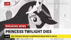 Size: 717x401 | Tagged: safe, derpibooru import, edit, edited screencap, screencap, princess twilight 2.0, twilight sparkle, twilight sparkle (alicorn), alicorn, pony, the last problem, abuse, break your own news, breaking news, female, implied death, mare, older, older twilight, twilight will not outlive her friends, twilybuse