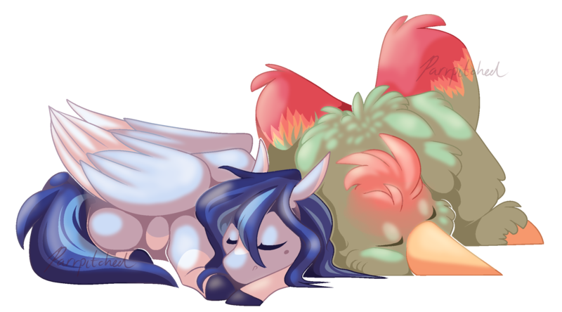 Size: 2268x1258 | Tagged: safe, artist:parrpitched, deleted from derpibooru, derpibooru import, oc, oc:azure, unofficial characters only, gryphon, pegasus, pony, female, mare, simple background, sleeping, transparent background, two toned wings, wings