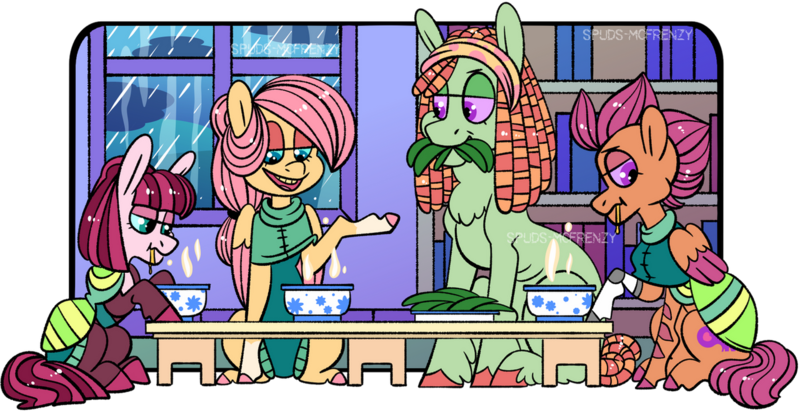 Size: 1280x660 | Tagged: safe, artist:spuds-mcfrenzy, derpibooru import, fluttershy, scootaloo, tree hugger, oc, oc:romeo, pony, bowl, leaf, magical lesbian spawn, offspring, parent:fluttershy, parent:tree hugger, parents:flutterhugger