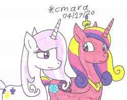 Size: 1053x833 | Tagged: safe, artist:cmara, derpibooru import, fleur-de-lis, princess cadance, pony, unicorn, crown, duo, female, fleurdance, infidelity, jewelry, lesbian, looking at each other, mare, regalia, shipping, traditional art