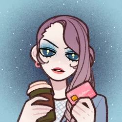 Size: 600x600 | Tagged: artist:alohasushicore, coffee, coffee cup, credit card, cup, derpibooru import, female, food, human, humanized, latte, looking at you, part of a set, picrew, rarity, safe, solo