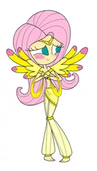 Size: 577x1016 | Tagged: armlet, artist:annasabi101, barefoot, belly button, belly dancer, belly dancer outfit, blushing, bracelet, derpibooru import, eyelashes, feet, fluttershy, fluttershy being fluttershy, genie, geniefied, harem outfit, human, humanized, jewelry, midriff, safe, tiara, wings, wings stretched