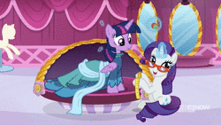 Size: 1920x1080 | Tagged: safe, derpibooru import, screencap, rarity, spike, starlight glimmer, twilight sparkle, twilight sparkle (alicorn), alicorn, dragon, unicorn, a-dressing memories, spoiler:a-dressing memories, spoiler:mlp friendship is forever, accident, animated, blushing, book, carousel boutique, clothes, coronation dress, dress, glasses, glasses rarity, heart, injured, knowing, levitation, magic, magic aura, measuring tape, ouch, pins, raised eyebrow, rarity's glasses, shipping fuel, shout, smiling, smirk, sound, telekinesis, webm