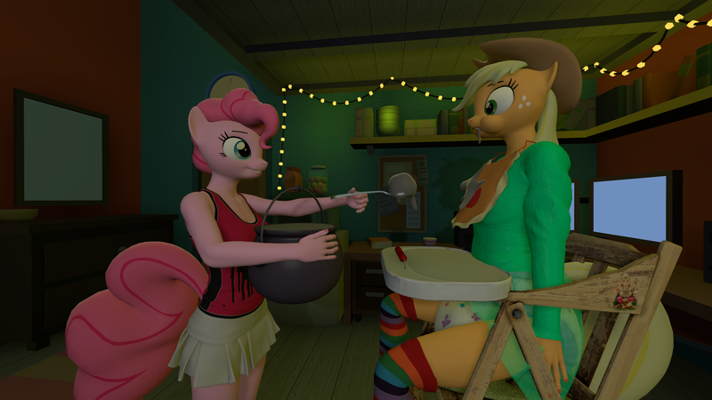 Size: 3840x2160 | Tagged: 3d, 4k, anthro, applejack, artist:mrdoctorderpy, babying, bib, breasts, clothes, derpibooru import, diaper, diaper fetish, fetish, force feeding, full mouth, highchair, pinkie pie, poofy diaper, socks, source filmmaker, suggestive