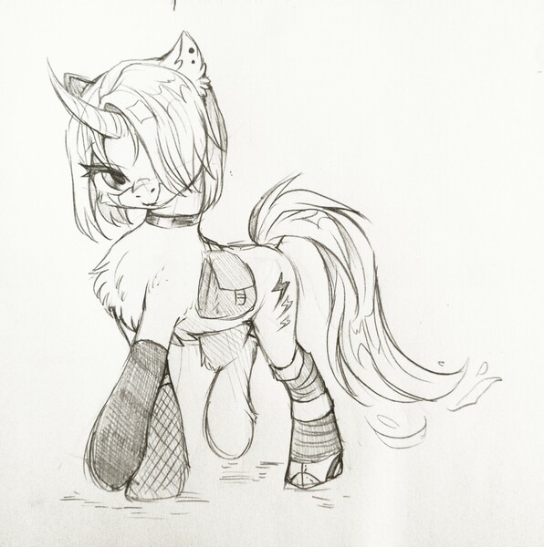 Size: 1271x1280 | Tagged: safe, artist:swaybat, derpibooru import, oc, unofficial characters only, pony, unicorn, bag, choker, clothes, female, fishnets, looking at you, monochrome, saddle bag, sketch, socks, solo, traditional art