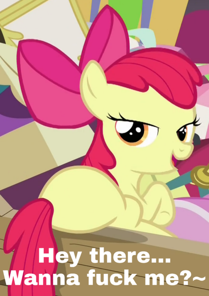 Size: 800x1131 | Tagged: suggestive, derpibooru import, edit, edited screencap, screencap, apple bloom, earth pony, pony, pinkie apple pie, bloom butt, butt, caption, cropped, female, filly, image macro, implied foalcon, implied sex, lidded eyes, looking at you, plot rest, solo, text, vulgar