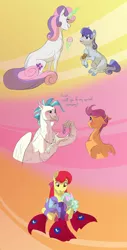 Size: 1920x3773 | Tagged: safe, artist:varwing, derpibooru import, apple bloom, scootaloo, sweetie belle, terramar, oc, oc:glory, classical hippogriff, hippogriff, pony, aunt and niece, blank flank, cutie mark crusaders, female, filly, food, hoof hold, ice cream, jewelry, magic, male, necklace, offspring, older, older apple bloom, older cmc, older scootaloo, older sweetie belle, parent:bellhop pony, parent:rarity, shipping, straight, terraloo