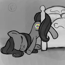 Size: 800x800 | Tagged: safe, artist:nimaru, derpibooru import, oc, oc:luau, unofficial characters only, earth pony, pony, bed, female, mare, monochrome, neo noir, partial color, sleeping, solo