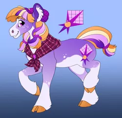 Size: 3389x3300 | Tagged: safe, artist:turnipberry, deleted from derpibooru, derpibooru import, oc, oc:golden ratio, unofficial characters only, earth pony, pony, beanie, blaze (coat marking), blue background, clothes, cloven hooves, cutie mark, female, hat, magical lesbian spawn, offspring, parent:applejack, parent:twilight sparkle, parents:twijack, scarf, simple background, socks (coat marking), solo, striped mane