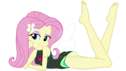 Size: 924x520 | Tagged: suggestive, artist:darthrexx, deleted from derpibooru, derpibooru import, fluttershy, equestria girls, bedroom eyes, breasts, butt, clothes, deviantart logo, deviantart watermark, eyeshadow, flutterbutt, fluttershy's one-piece swimsuit, image, lidded eyes, looking at you, makeup, obtrusive watermark, one-piece swimsuit, png, seductive, seductive look, seductive pose, sexy, simple background, smiling, solo, swimsuit, transparent background, watermark
