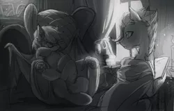 Size: 1280x819 | Tagged: safe, artist:swaybat, derpibooru import, oc, unofficial characters only, bat pony, earth pony, pony, bat pony oc, bat wings, black and white, book, candle, chair, curtains, female, glass, grayscale, male, mare, monochrome, open mouth, sleeping, stallion, wine glass, wings