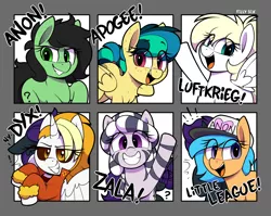 Size: 1534x1220 | Tagged: safe, artist:shinodage, derpibooru import, oc, oc:anonfilly, oc:apogee, oc:dyx, oc:little league, oc:luftkrieg, oc:nyx, oc:zala, unofficial characters only, alicorn, earth pony, pegasus, pony, zebra, six fanarts, clothes, female, filly, filly four, freckles, hat, looking at you, nazi, oc six, open mouth, raised hoof, smiling, smiling at you, smirk
