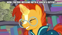 Size: 889x500 | Tagged: safe, artist:thor-disciple, derpibooru import, edit, edited screencap, screencap, sunburst, pony, unicorn, the crystalling, book, clothes, hair of the dog, implied stellar flare, library, male, misspelling, misspelling of you're, music, nazareth, robe, rock music, scroll, singing, son of a bitch, song, song reference, stallion, vulgar