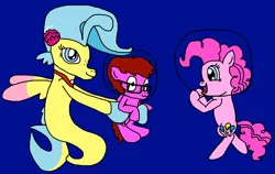 Size: 1261x796 | Tagged: safe, artist:logan jones, derpibooru import, pinkie pie, princess skystar, oc, oc:logan berry, pony, seapony (g4), my little pony: the movie, babysitting, bubble helmet, bubble on head, colt, cute, female, happy, helmet, holding a pony, lesbian, male, open mouth, shipping, skypie, underwater