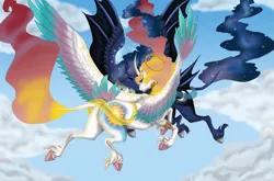 Size: 2732x1800 | Tagged: safe, artist:empressspacegoat, derpibooru import, princess celestia, princess luna, alicorn, pony, alternate design, bracelet, cloud, cloven hooves, colored wings, curved horn, ethereal mane, eyes closed, female, flying, horn, jewelry, leonine tail, mare, multicolored wings, nuzzling, royal sisters, siblings, sisterly love, sisters, sky, starry mane, tail feathers, unshorn fetlocks, wings