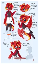 Size: 800x1324 | Tagged: anthro, anthro oc, apron, arm hooves, artist:ipun, chibi, clothes, derpibooru import, deviantart watermark, female, food, friendship cafe, mare, obtrusive watermark, oc, oc:fire strike, pegasus, safe, shirt, shoes, solo, tea, trousers, unguligrade anthro, unofficial characters only, vest, waitress, watermark