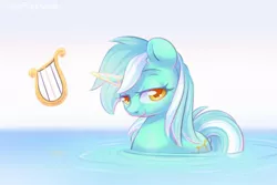 Size: 1280x854 | Tagged: safe, artist:musicfirewind, derpibooru import, lyra heartstrings, pony, unicorn, bath, beautiful, bedroom eyes, cute, in water, looking at you, lyrabetes, lyre, magic, musical instrument, solo, water