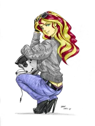 Size: 1000x1320 | Tagged: suggestive, artist:baron engel, color edit, derpibooru import, edit, sunset shimmer, equestria girls, ass, aviator glasses, bunset shimmer, butt, butt crack, buttcrack, clothes, colored, female, helmet, high heels, jacket, jeans, looking back, panties, pants, pencil drawing, pinup, shoes, simple background, sketch, smiling, solo, solo female, sunglasses, traditional art, underwear, white background