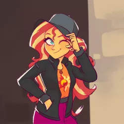 Size: 2048x2048 | Tagged: safe, artist:flamingbiscuit_, banned from derpibooru, deleted from derpibooru, derpibooru import, sunset shimmer, display of affection, equestria girls, equestria girls series, baseball cap, cap, clothes, cute, female, flanksy, geode of empathy, hat, high res, image, jacket, jpeg, magical geodes, one eye closed, scene interpretation, shimmerbetes, skirt, smiling, solo, wink