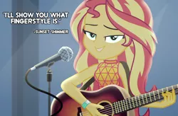 Size: 1650x1080 | Tagged: suggestive, derpibooru import, edit, edited screencap, editor:shyinka, screencap, sunset shimmer, equestria girls, equestria girls series, let it rain, sunset's backstage pass!, spoiler:eqg series (season 2), acoustic guitar, caption, cropped, exploitable meme, guitar, image macro, implied sex, lidded eyes, meme, microphone, microphone stand, musical instrument, playing guitar, pun, quote, solo, text