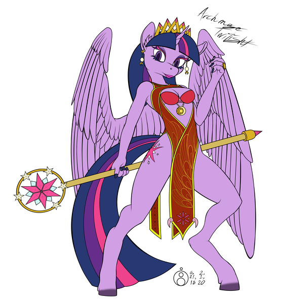 Size: 3700x4000 | Tagged: alicorn, anthro, archmage, armpits, artist:sepiakeys, bottomless, breasts, busty twilight sparkle, clothes, crown, derpibooru import, ear piercing, earring, eyeshadow, fantasy class, female, hoof shoes, jewelry, lace, makeup, partial nudity, piercing, regalia, signature, simple background, solo, solo female, staff, suggestive, twilight sparkle, twilight sparkle (alicorn), unguligrade anthro, white background