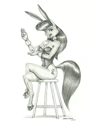 Size: 1000x1360 | Tagged: suggestive, artist:baron engel, derpibooru import, octavia melody, anthro, earth pony, unguligrade anthro, bowtie, breasts, bunny ears, bunny suit, cleavage, clothes, colored hooves, cuffs (clothes), easter egg, female, grayscale, leotard, mare, monochrome, pencil drawing, shoes, simple background, solo, solo female, stupid sexy octavia, traditional art, white background