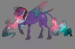 Size: 2082x1386 | Tagged: safe, artist:empressspacegoat, derpibooru import, princess celestia, princess luna, oc, oc:nebula, unofficial characters only, alicorn, pony, colored wings, curved horn, ethereal mane, eyes closed, female, fusion, gray background, horn, jewelry, leonine tail, mare, multicolored wings, raised hoof, simple background, smiling, solo, tiara, unshorn fetlocks, wings