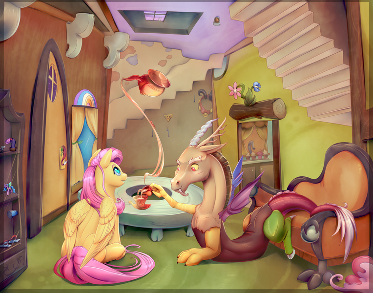 Size: 2000x1571 | Tagged: safe, artist:viwrastupr, derpibooru import, discord, fluttershy, pinkie pie, princess celestia, draconequus, pegasus, pony, tatzlwurm, couch, cup, discord's house, door, flower, food, lamp, pinklestia, stairs, tea, tea party, teacup, teapot, toy, upside down, window