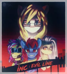 Size: 3000x3300 | Tagged: safe, artist:freak-side, derpibooru import, oc, oc:bright calm, oc:doll, oc:isaac, unofficial characters only, cyborg, earth pony, pegasus, pony, antagonist, evil, inc, old movie, poster, retro, villian
