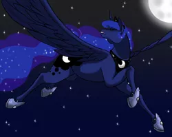 Size: 908x723 | Tagged: safe, artist:empressspacegoat, derpibooru import, princess luna, alicorn, pony, ethereal mane, eyes closed, female, flying, mare, moon, night, open mouth, sky, solo, starry mane, stars, wings