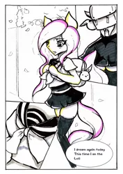 Size: 2480x3508 | Tagged: anthro, arm hooves, artist:mashiromiku, clothes, comic, comic:exhibitionism comic, derpibooru import, dream, engrish, fluttershy, marker drawing, safe, schoolgirl, school uniform, socks, stockings, thigh highs, traditional art