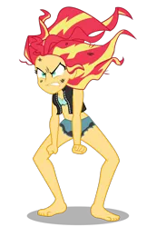 Size: 802x1240 | Tagged: suggestive, artist:remcmaximus, derpibooru import, sunset shimmer, equestria girls, angry, barefoot, clenched fist, clothing damage, feet, female, gritted teeth, messy hair, midriff, rage quit, rageset shimmer, scorched, simple background, solo, transparent background, vector