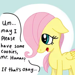 Size: 1024x1024 | Tagged: safe, artist:sprinkle-tits, derpibooru import, fluttershy, pegasus, pony, dialogue, female, filly, filly fluttershy, floppy ears, folded wings, hair over one eye, open mouth, solo, standing, three quarter view, wings, younger