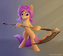 Size: 1694x1500 | Tagged: safe, artist:gouransion, derpibooru import, oc, oc:amethyst arkin, unofficial characters only, earth pony, pony, abstract background, bipedal, cheek fluff, crepuscular rays, female, mare, not scootaloo, scythe, smiling, solo, weapon