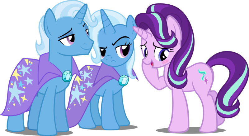 Size: 2847x1564 | Tagged: safe, artist:jeatz-axl, artist:pilot231, artist:whalepornoz, derpibooru import, edit, editor:slayerbvc, vector edit, starlight glimmer, trixie, unicorn, blushing, cape, clothes, embarrassed, female, frown, half r63 shipping, implied lesbian, implied shipping, implied startrix, jealous, looking back, male, mare, r63 paradox, raised eyebrow, rule 63, self ponidox, shipping, simple background, stallion, straight, transparent background, tristan, trixie's cape, vector