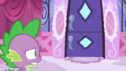 Size: 1600x900 | Tagged: 9now, a-dressing memories, boutique, curtains, derpibooru import, door, safe, scared, screencap, solo, spike, spoiler:a-dressing memories, spoiler:mlp friendship is forever, worried