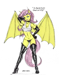 Size: 1096x1422 | Tagged: suggestive, artist:baron engel, derpibooru import, edit, fluttershy, bat pony, human, armpits, bat ponified, boots, breasts, cleavage, clothes, eared humanization, evening gloves, flutterbat, gloves, high heel boots, high heels, humanized, long gloves, pencil drawing, race swap, shoes, sketch, solo, tailed humanization, thigh boots, traditional art, winged humanization, wings