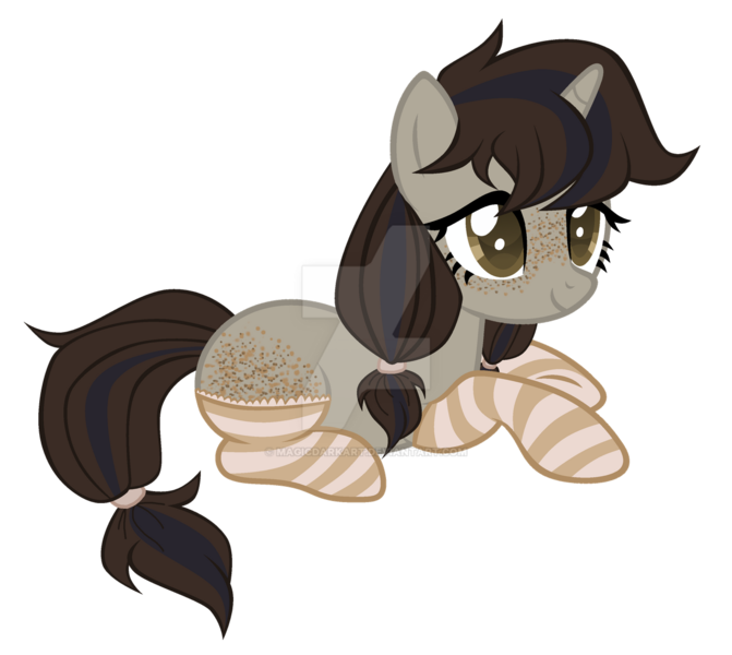 Size: 1280x1144 | Tagged: safe, artist:magicdarkart, derpibooru import, oc, unofficial characters only, pony, unicorn, body freckles, clothes, deviantart watermark, female, freckles, mare, obtrusive watermark, prone, simple background, socks, solo, striped socks, transparent background, watermark