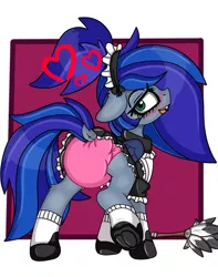 Size: 3743x4756 | Tagged: suggestive, artist:cuddlelamb, derpibooru import, oc, oc:lunar aurora, unofficial characters only, bat pony, pony, absurd resolution, bat pony oc, bat wings, blushing, clothes, commission, cute, cute little fangs, diaper, diaper fetish, dock, duster, fangs, female, fetish, green eyes, hoof shoes, looking at you, looking back, looking back at you, maid, maid headdress, mare, pink diaper, raised hoof, simple background, socks, solo, wings, ych result