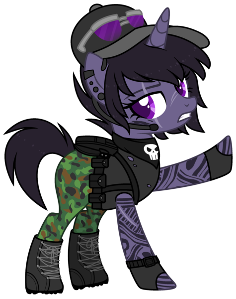 Size: 2100x2652 | Tagged: safe, artist:aestheticallylithi, derpibooru import, oc, oc:shadow stalk, unofficial characters only, pony, unicorn, backpack, bandana, baseball cap, belt, boots, camouflage, cap, clothes, combat boots, ear piercing, earpiece, earring, eye scar, female, fingerless gloves, gloves, harness, hat, jewelry, knife, mare, obtrusive watermark, pants, piercing, raised hoof, scar, shoes, simple background, skull, solo, sunglasses, tack, tanktop, tattoo, torn clothes, transparent background, watch, watermark